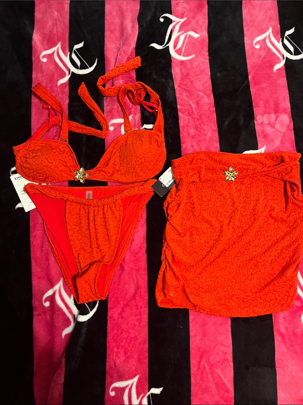 bebe Red Floral Lace Bikini Set with Skirt and Gold Accent